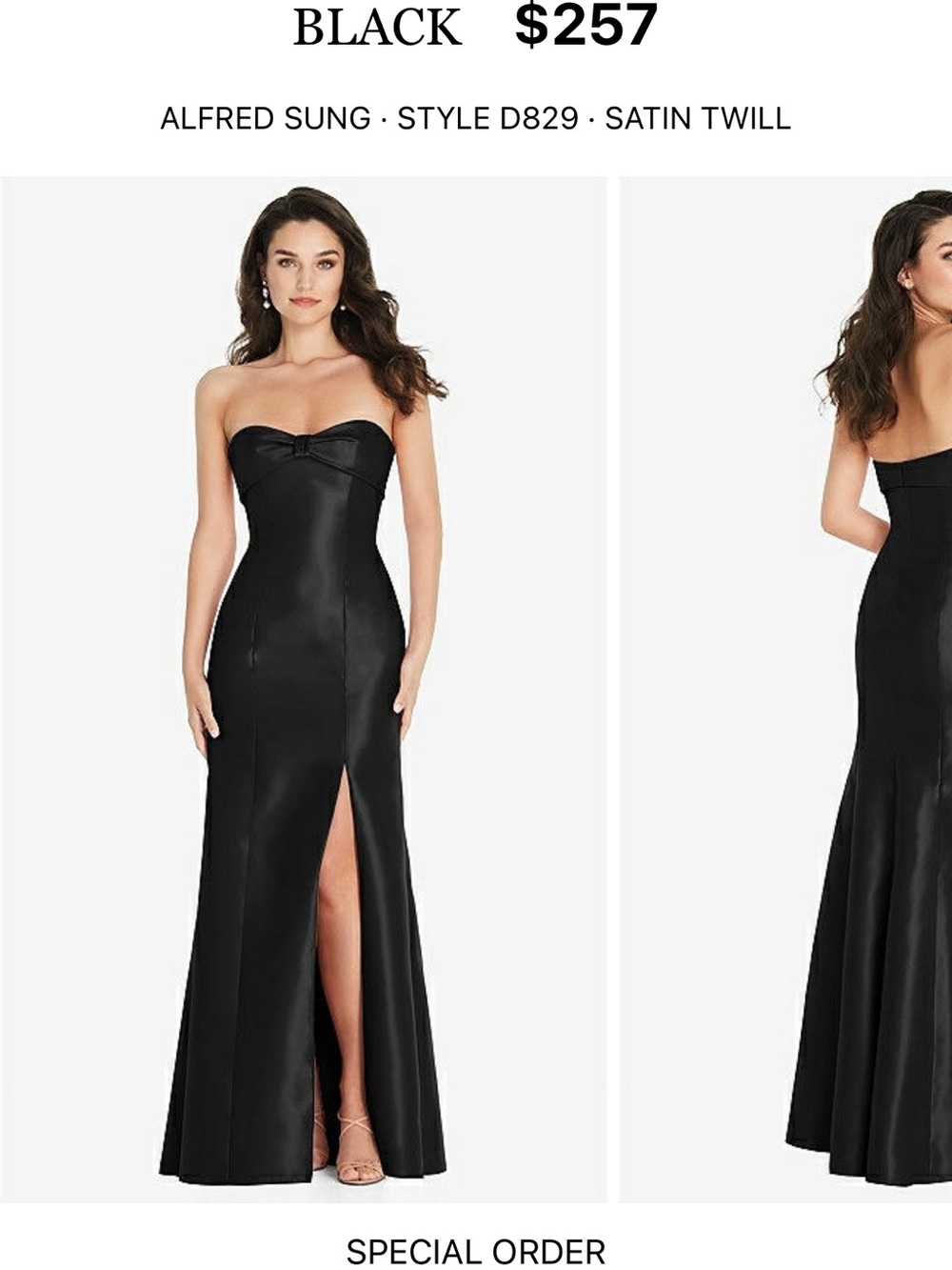 ALFRED SUNG Black Strapless Satin Twill Gown with Front Slit